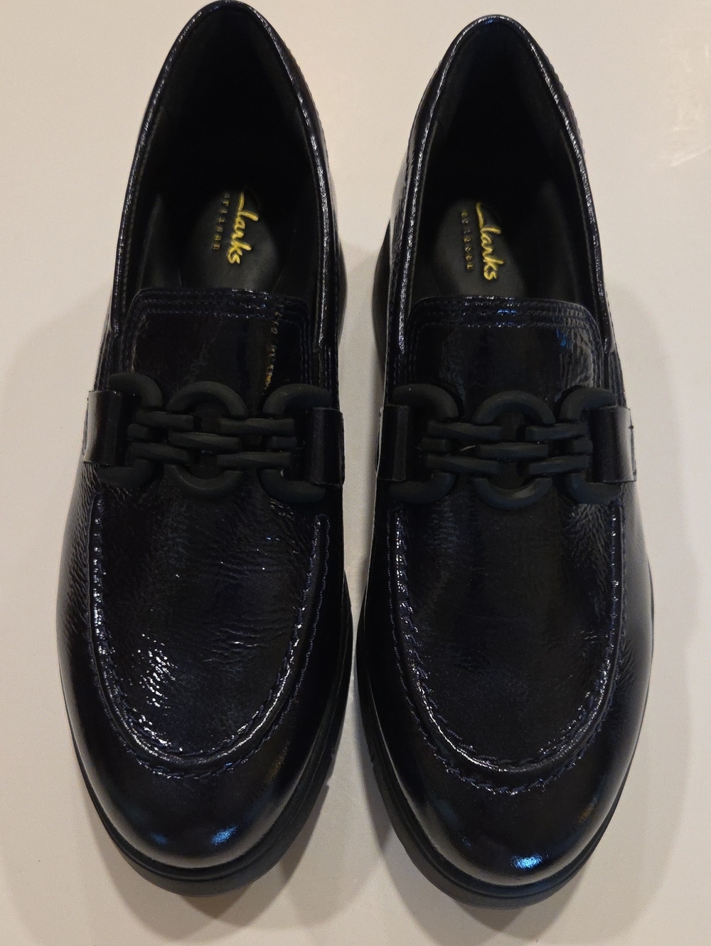 Clarks Signature Patent Leather Loafers - Loriini Izzy, Navy Blue, Size 10 NWOT